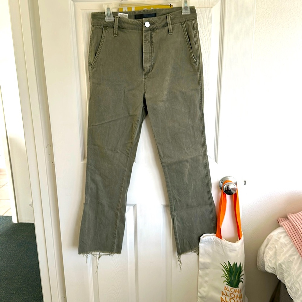 Joe’s khaki green raw edge crop jeans.